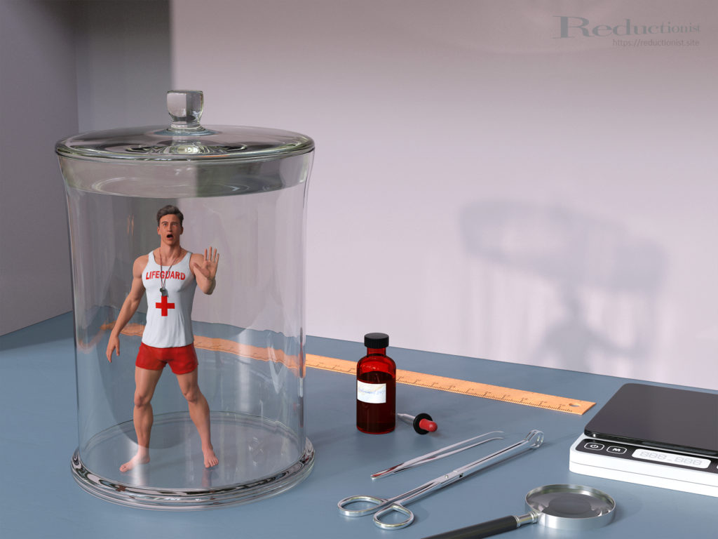 A tiny man in a lifeguard uniform is trapped in a glass specimen jar. He is staring out in fear and he has his hand pressed to the glass. Laying around the jar are a ruler, tweezers, digital scale, forceps and a small bottle of liquid marked "Reduxinol 547"