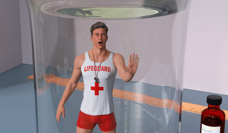 A tiny man in a lifeguard uniform is trapped in a glass specimen jar. He is staring out in fear and he has his hand pressed to the glass. Laying around the jar are a ruler, tweezers, digital scale, forceps and a small bottle of liquid marked "Reduxinol 547"