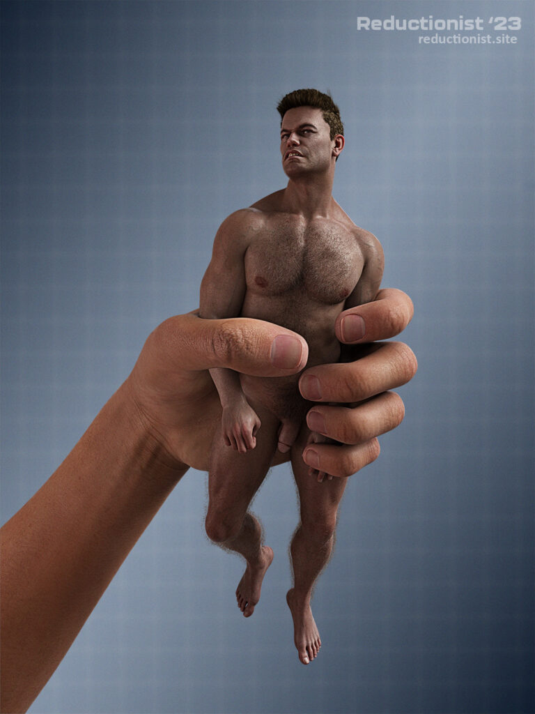 A tiny naked man, muscular and hairy, has a giant hand wrapped around him. He is scowling up at the unseen giant who has captured him.