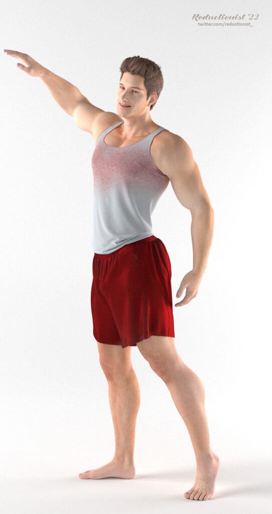 A muscular man in a tank top and shorts poses against a white background.